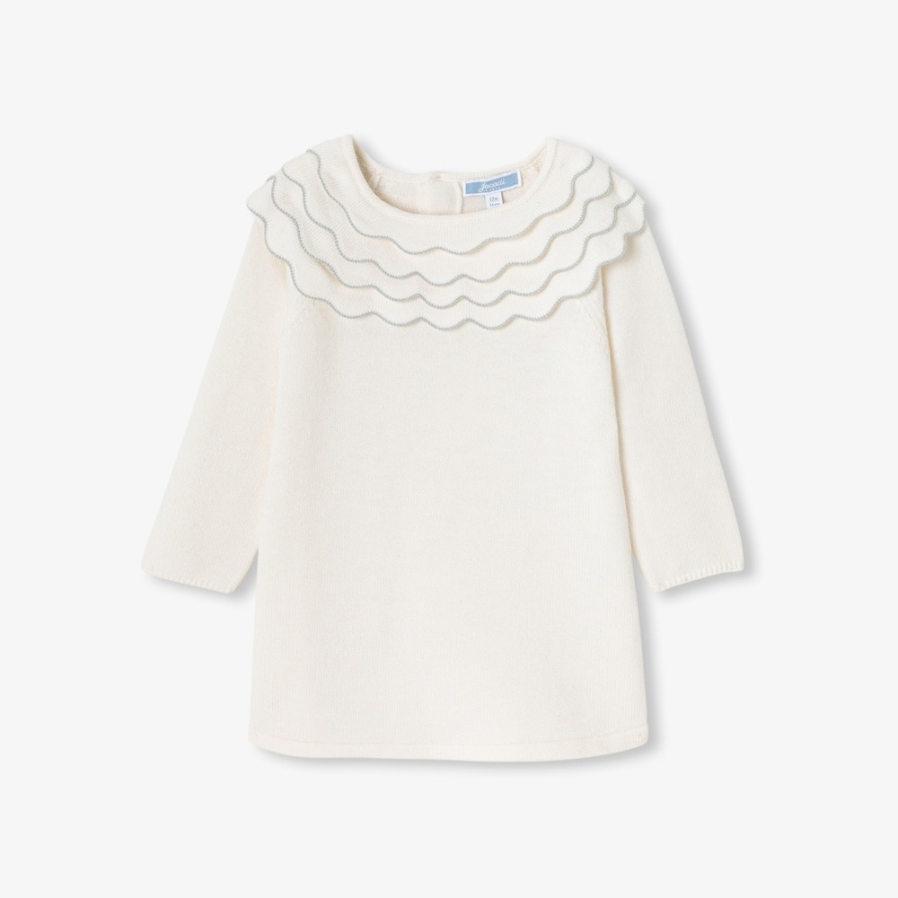 Jacadi Girls Cream Scalloped Collar Knit Sweater Dress Sz 12A Cotton/Wool Blend‎